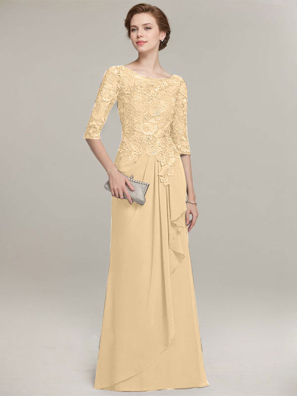 A-Linien Rundhalsausschnitt Illusions bodenlanges Spitzen-Chiffon Mutter der Braut Kleid mit kaskadierenden Rüschen