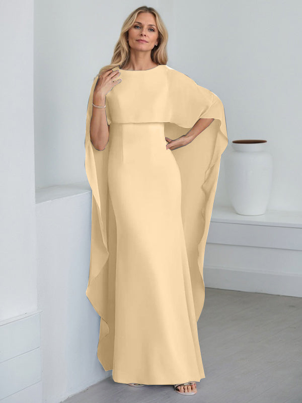 Etui-Kleid mit Rundhalsausschnitt, bodenlang, Chiffon, Mutter-der-Braut-Kleid mit kaskadierenden Rüschen