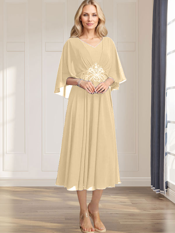 Robe de mère de la mariée en mousseline, longueur thé, col en V, en ligne A, avec appliques plissées, sequins, dentelle et perles