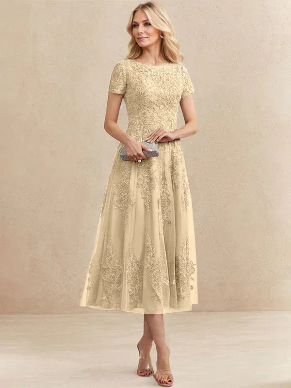 Robe de mère de la mariée A-line en tulle et dentelle, col arrondi, longueur thé