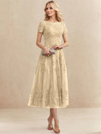 Robe de mère de la mariée A-line en tulle et dentelle, col arrondi, longueur thé