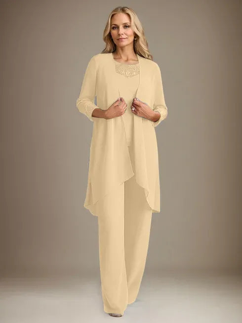 Chiffon Kleid mit Rundhalsausschnitt und langen Ärmeln, Mutter-der-Braut Hosenanzug mit Jacke