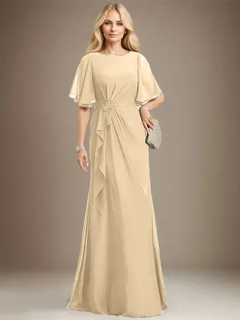 A-Linien Rundhals bodenlanges Chiffon Mutter der Braut Kleid mit kaskadierenden Rüschen Perlen Pailletten