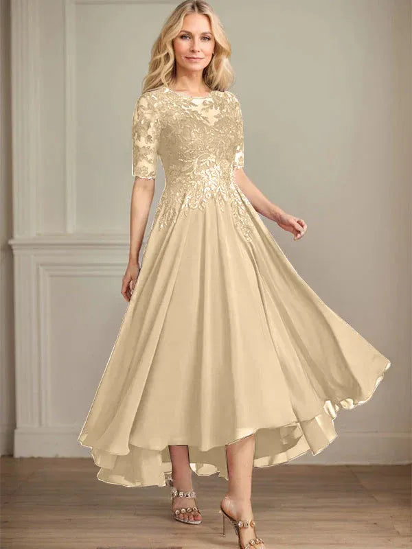 A-Linien Scoop-Ausschnitt Illusion asymmetrisches Chiffon-Spitzen-Mutter-der-Braut-Kleid mit Pailletten