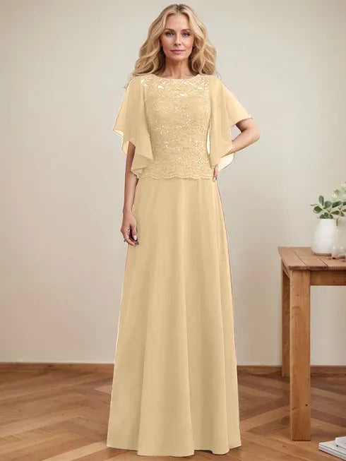A-Linien Rundhals Illusions-Bodenlanges Spitzen-Chiffon Mutter-der-Braut-Kleid mit Pailletten
