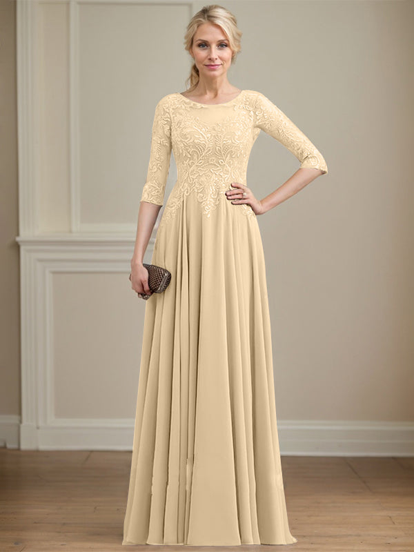 A-line Scoop Illusion Floor-Length Lace Chiffon Mother of the Bride Dress With Sequins