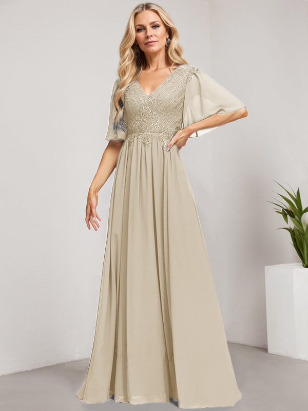 Robe mère de la mariée ligne A col en V longue en dentelle et chiffon avec sequins