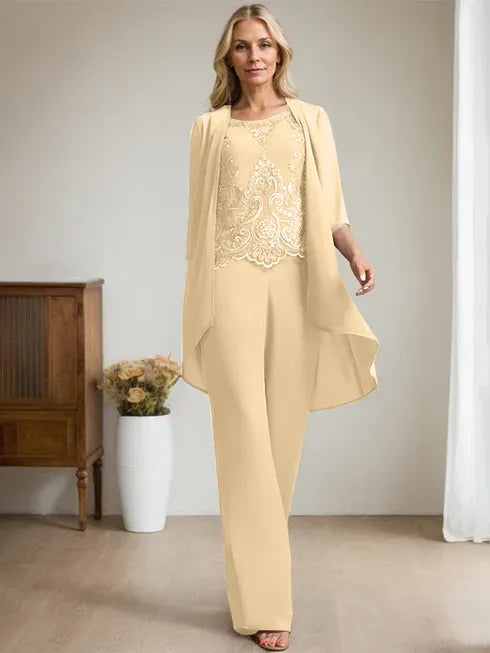 Zweiteiler Jumpsuit/Hosenanzug mit Rundhalsausschnitt, bodenlanges Chiffon-Spitzenkleid für die Mutter der Braut mit Perlen und Pailletten