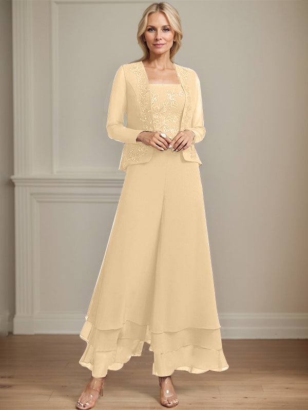 Zweiteiler Jumpsuit/Hosenanzug quadratisch knöchellang Spitze Chiffon Brautmutterkleid mit Pailletten
