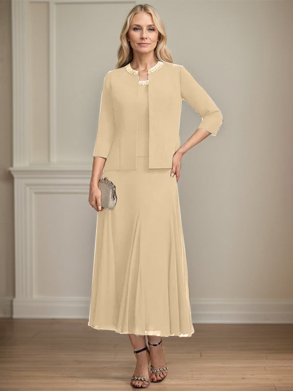 Separates A-Linien Chiffonkleid mit Rundhalsausschnitt, tea-length, Mutter der Braut mit Pailletten und Perlen