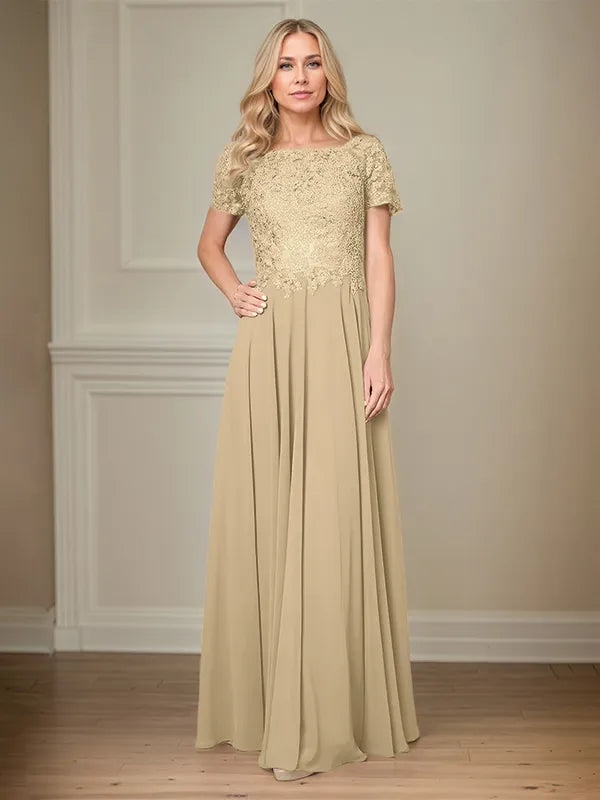 A Line Chiffon Boat Neck Short Sleeves Floor Length Pleated Mother of the Bride Dresses