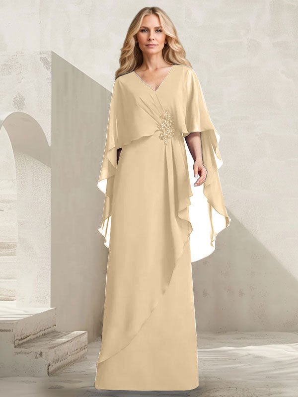 Robe mère de la mariée longue en chiffon coupe trapèze à col en V avec volants en cascade et perles