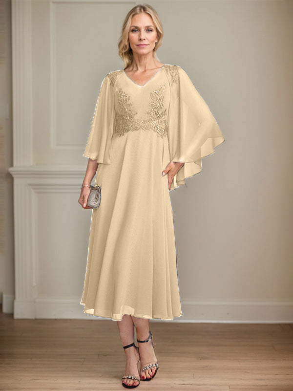 A-Linien-Brautmutterkleid aus Chiffon, V-Ausschnitt, tea-length mit Spitze, Pailletten und Perlen