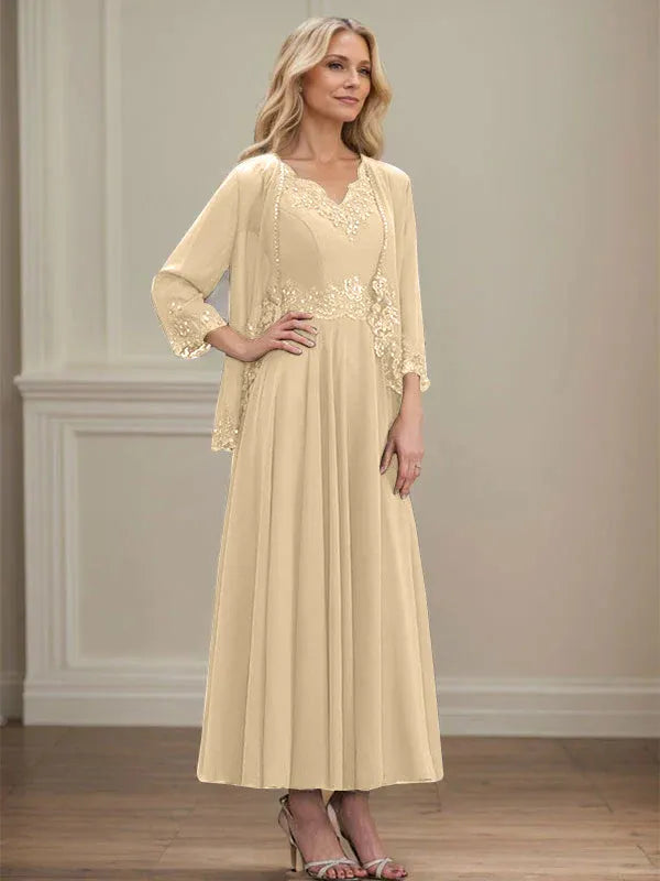 A-Linien Kleid mit V-Ausschnitt, knöchellang, aus Chiffon, Mutter der Braut Kleid mit Pailletten, Applikationen, Spitze und Perlenbesatz
