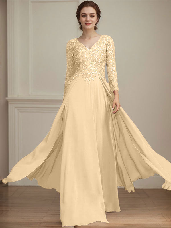 A-Linien V-Ausschnitt Bodenlanges Spitzen-Chiffon Kleid für die Brautmutter mit Pailletten