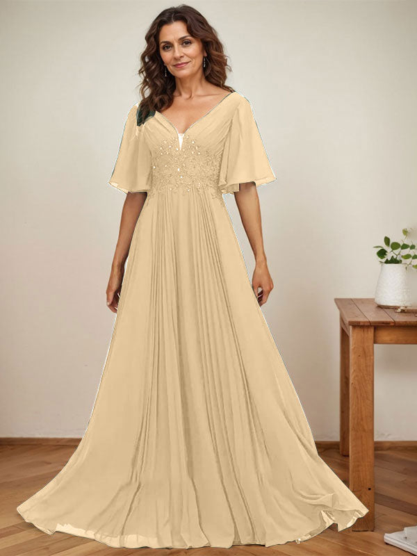 A-Linien V-Ausschnitt bodenlanges Chiffon Mutterkleid der Braut mit Pailletten-Applikationen, Spitze und Falten