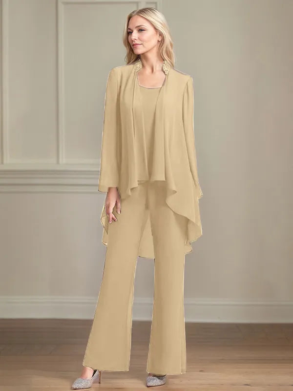 Chiffon Kleid mit Rundhalsausschnitt, langen Ärmeln, bodenlang, Hosenanzug für die Brautmutter