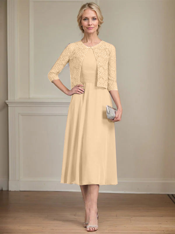 A-Linien Rundhals Tee-Länge Chiffon Kleid für die Mutter der Braut mit Falten