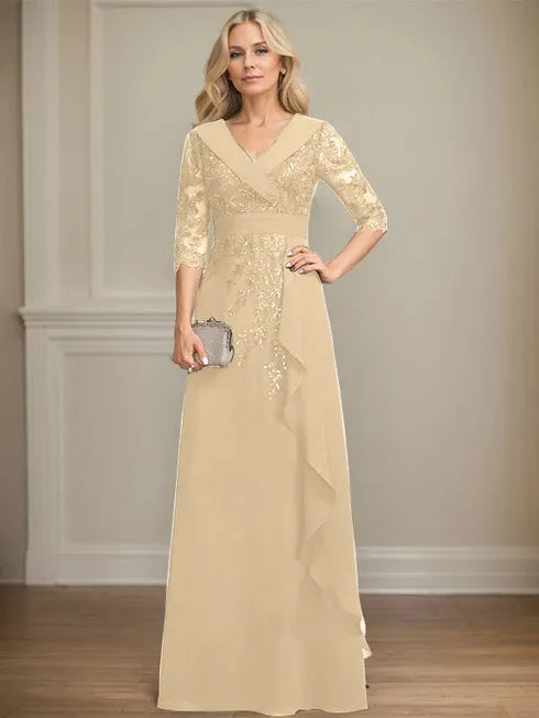 A-Linien Kleid mit Kragen, V-Ausschnitt, bodenlang, aus Spitze und Chiffon, Mutter der Braut Kleid mit Pailletten und fallenden Rüschen