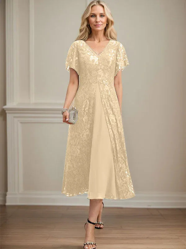 Robe mère de la mariée ligne A en dentelle et mousseline à col en V longueur thé