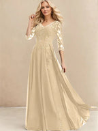 A-Linien V-Ausschnitt Bodenlanges Spitzen-Chiffon Kleid für die Brautmutter mit Pailletten