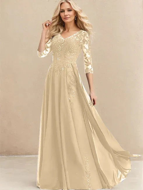 A-Linien V-Ausschnitt Bodenlanges Spitzen-Chiffon Kleid für die Brautmutter mit Pailletten