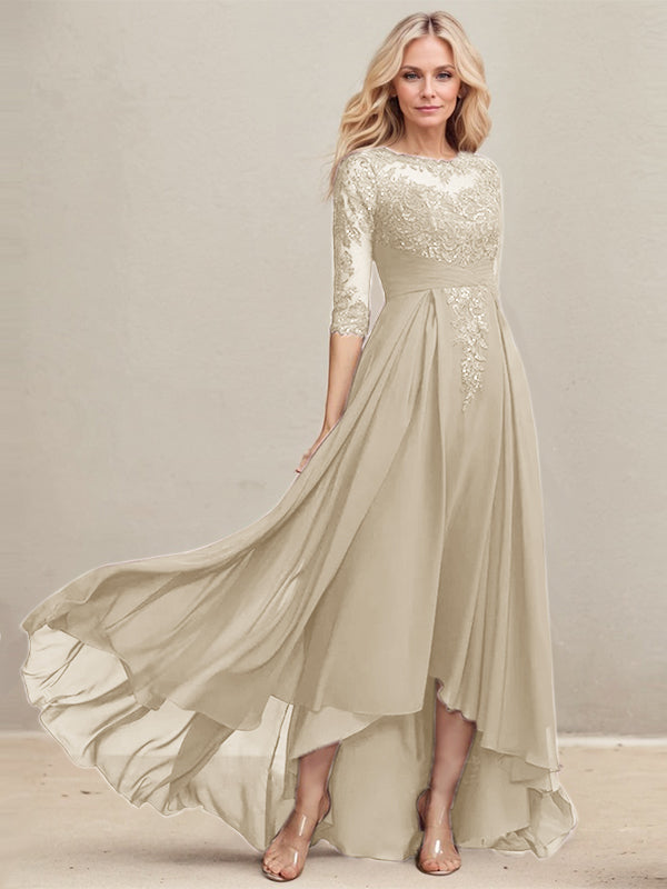 A-Linien Ausschnitt Illusions Asymmetrisches Spitzen-Chiffon Kleid für die Mutter der Braut mit plissierten Pailletten