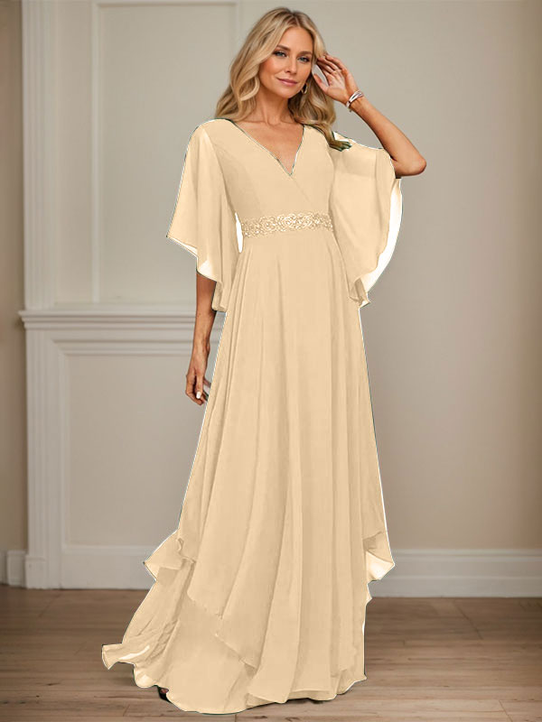 A-Linien V-Ausschnitt bodenlanges Chiffon-Mutter-der-Braut-Kleid mit Pailletten-Applikationen, Spitze und Perlen