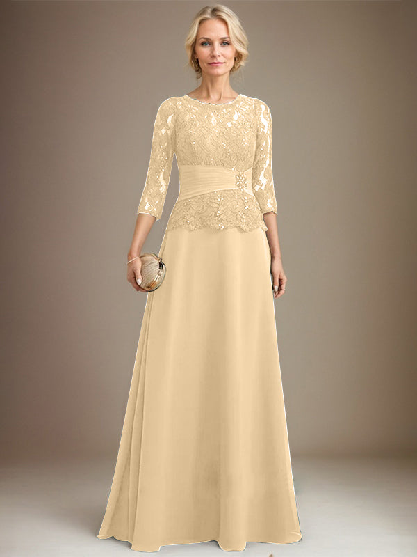 A-Linien Kleid mit Scoop-Ausschnitt, Illusion, bodenlangem Chiffon und Spitze, Mutter-der-Braut-Kleid mit plissierten Pailletten und Perlenbesatz