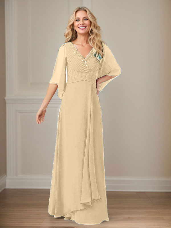 A-Linien V-Ausschnitt langes Pailletten-Chiffon Mutterkleid