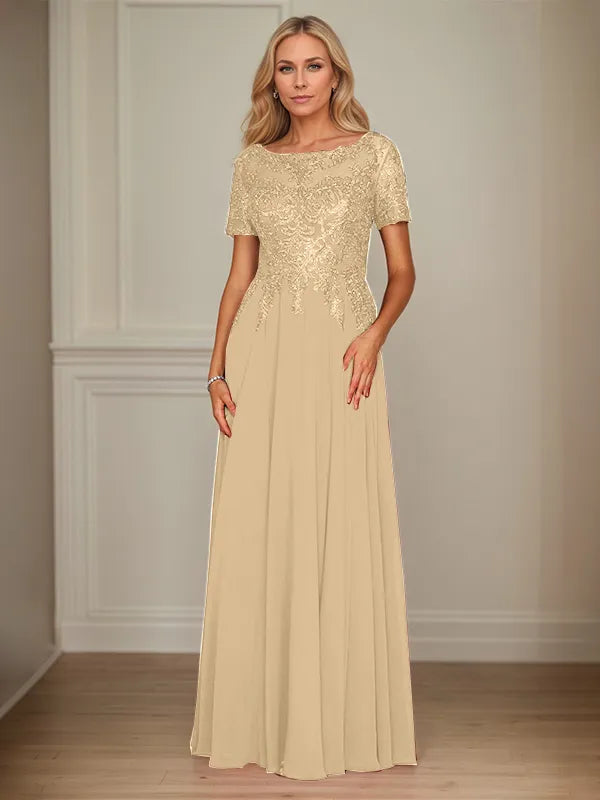 A Line Chiffon Boat Neck Short Sleeves Floor Length Mother of the Bride Dresses