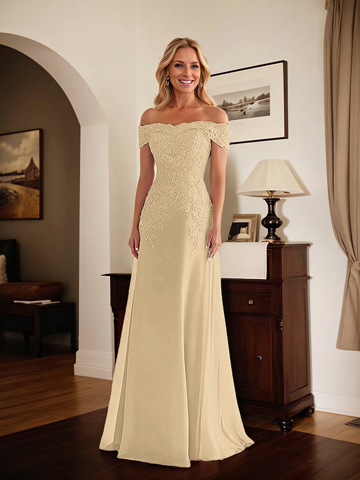 Elegantes taupefarbenes schulterfreies Etuikleid Mutter der Braut Kleid mit Spitze