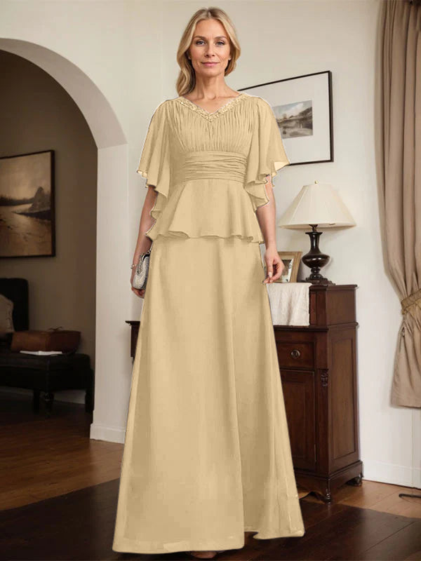 A-Linien Chiffon-Mutter-der-Braut-Kleid mit V-Ausschnitt, bodenlang, plissierte Perlenverzierung