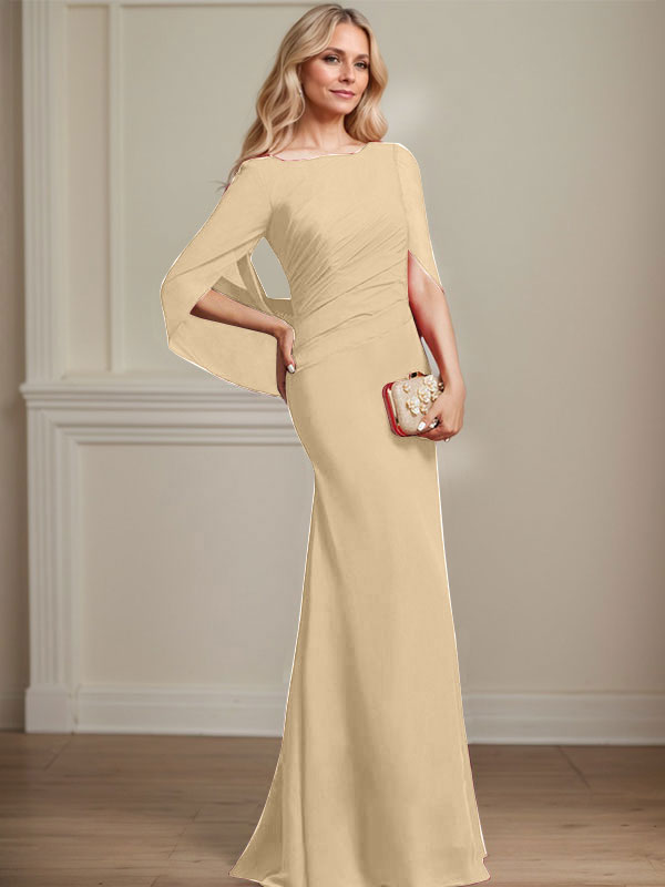 Trompeten-/Meerjungfrauen-Chiffonkleid mit Bootsausschnitt, bodenlang, plissiert, Brautmutterkleid