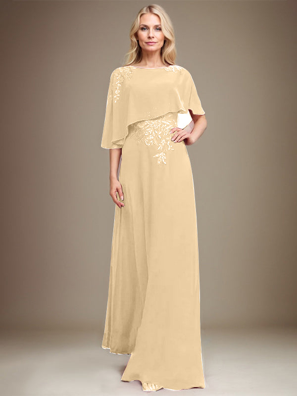 A-Linie Rundhals Bodenlanges Chiffon-Spitzenkleid für die Brautmutter mit Pailletten und Perlen