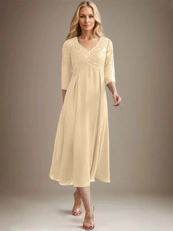 Vestido línea A con escote en V, largo hasta el té, de gasa y encaje para madre de la novia con pedrería