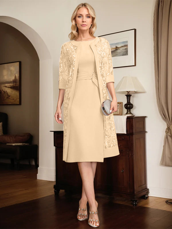 Etui-/Säulen-Kleid mit Rundhalsausschnitt, knielang, Chiffon, Mutter-der-Braut-Kleid mit plissierten Pailletten