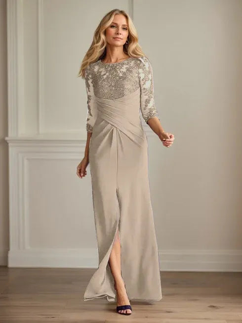 Pflaumenfarbenes eng anliegendes Spitzen Stretch Krepp Kleid für die Brautmutter