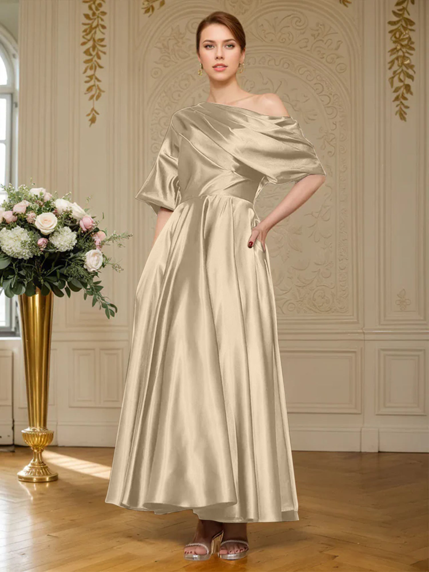 A-Linien Kurzarm plissiertes knöchellanges seidenähnliches Satin Kleid für die Brautmutter