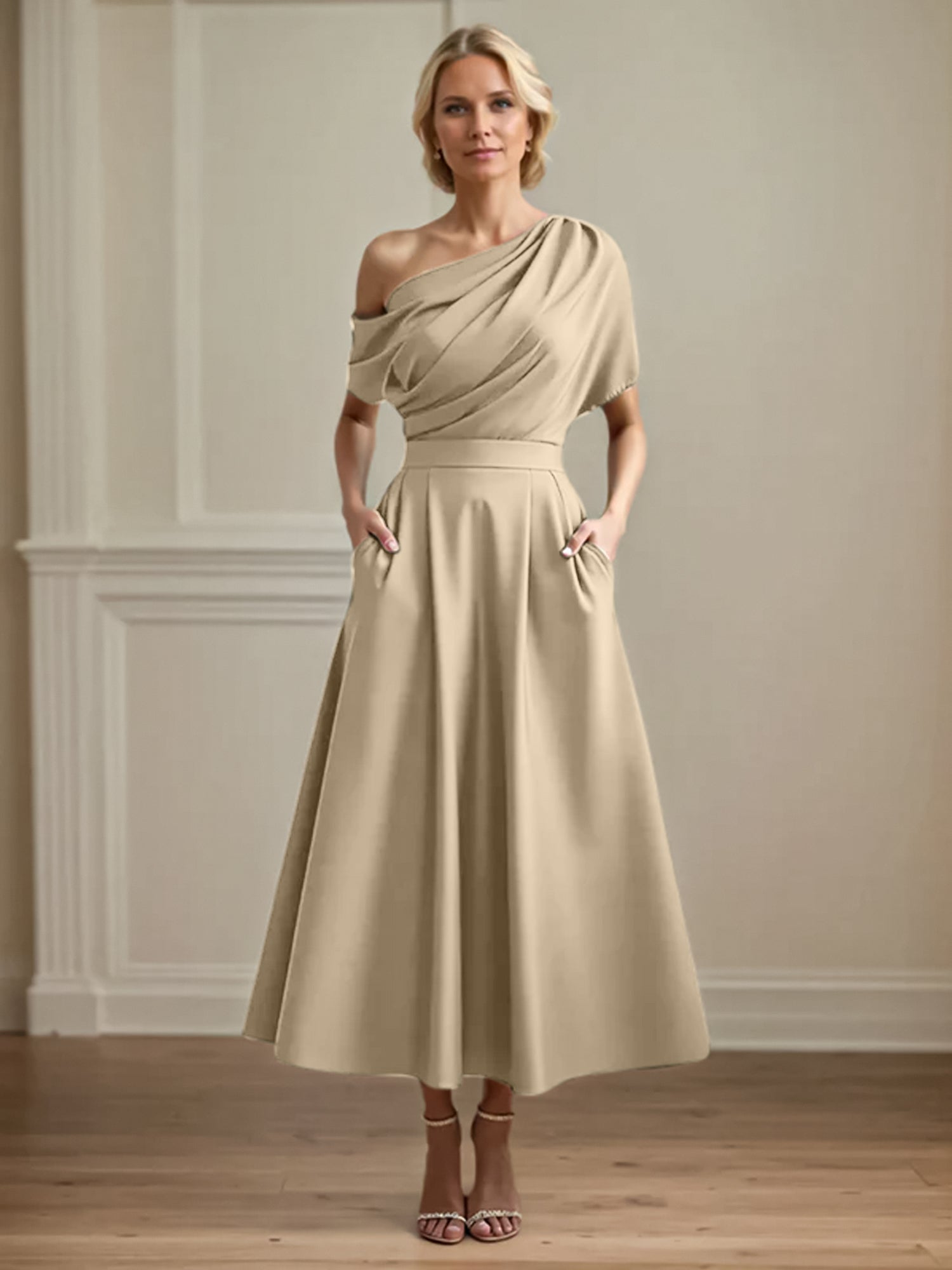 A Line Satin One Shoulder Pleated Ankle Length Mother of the Bride Dress