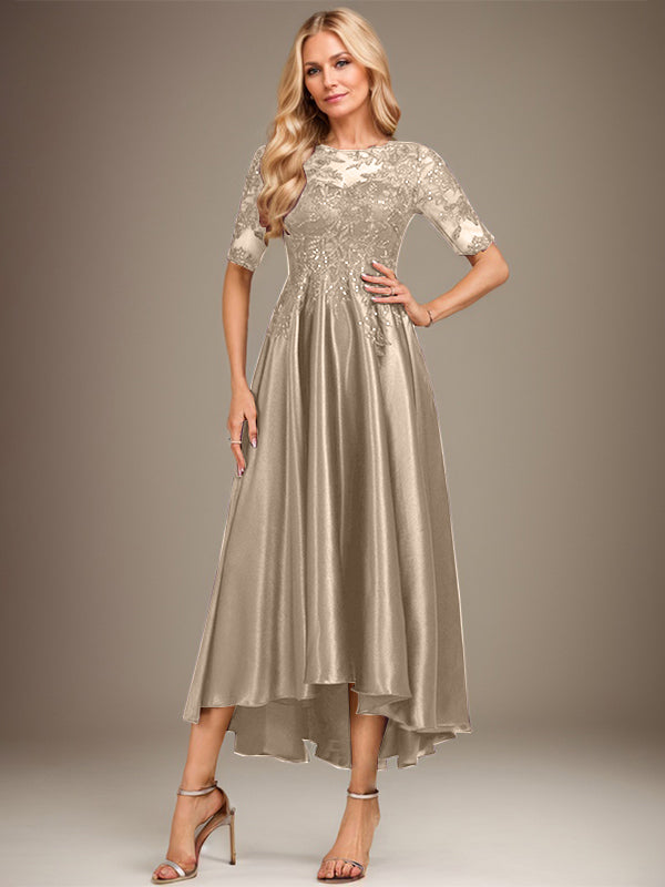 A-Linie Rundhalsausschnitt Illusion Asymmetrisches Stretch-Satin-Spitzen-Brautmutterkleid mit Pailletten