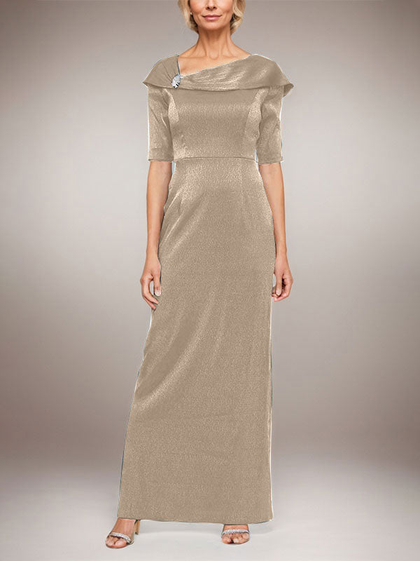 Langes schimmerndes Säulenkleid mit umgeschlagenem Ärmelbündchen, L-Ausschnitt und Ellbogenärmeln
