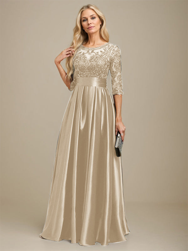A-Linien Ausschnitt Illusions bodenlanges Stretch-Satin-Spitzenkleid für die Brautmutter mit Schleife und Pailletten