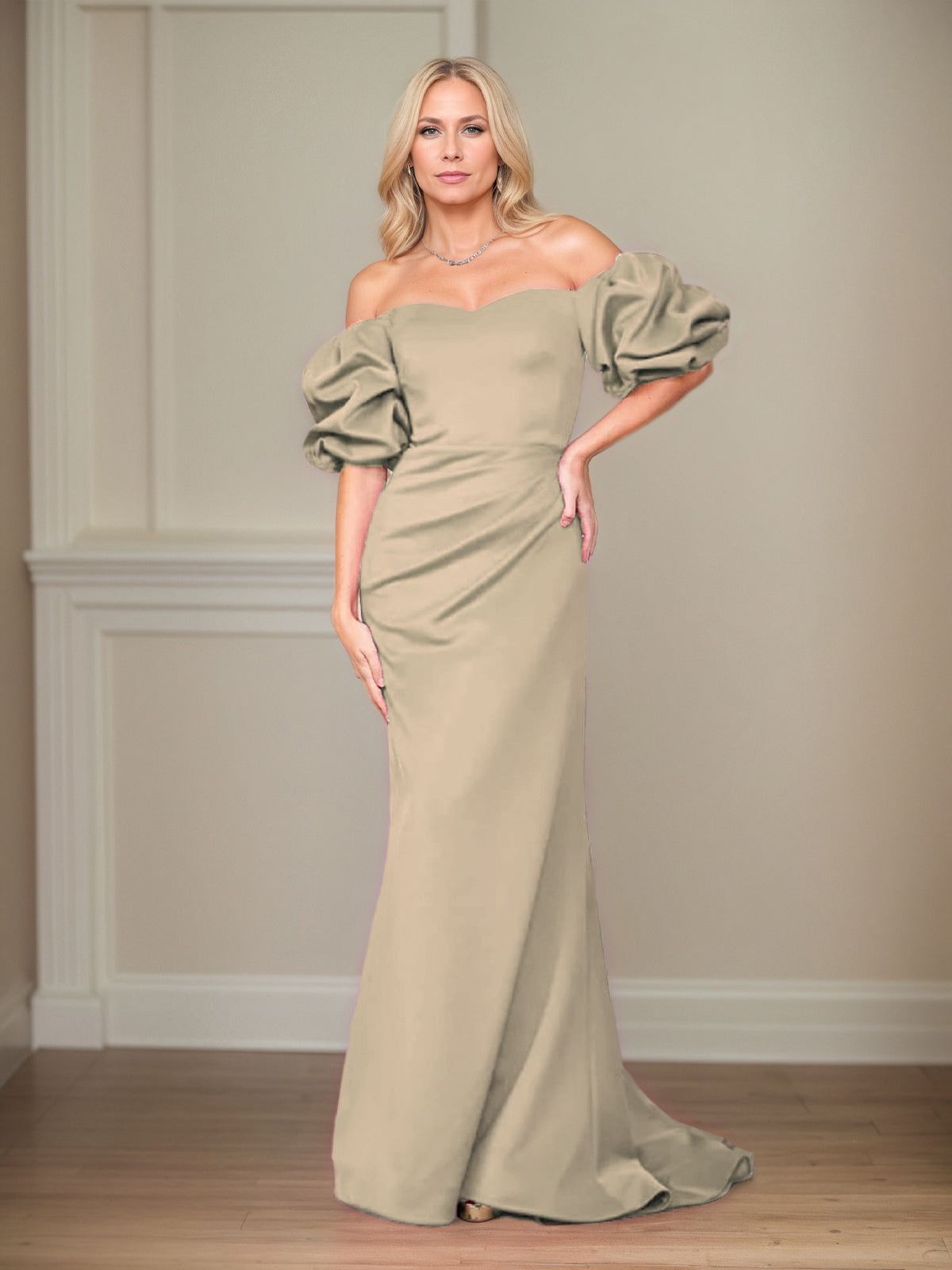 Satin Etuikleid/Säulenkleid mit schulterfreiem Puffärmel, bodenlang, Mutter der Braut Kleid