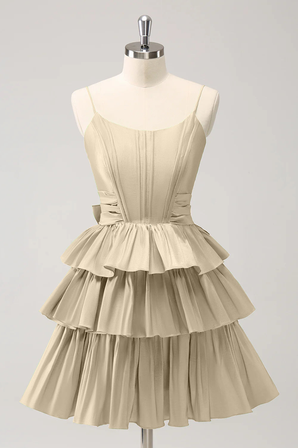 A-Linien Corsagen-Kleid mit Spaghettiträgern, gestuften Rüschen und Schleife für den Abschlussball