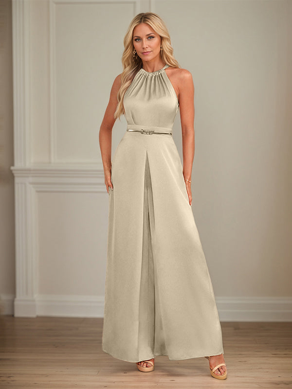Jumpsuits Neckholder bodenlanges Satin Hochzeitskleid