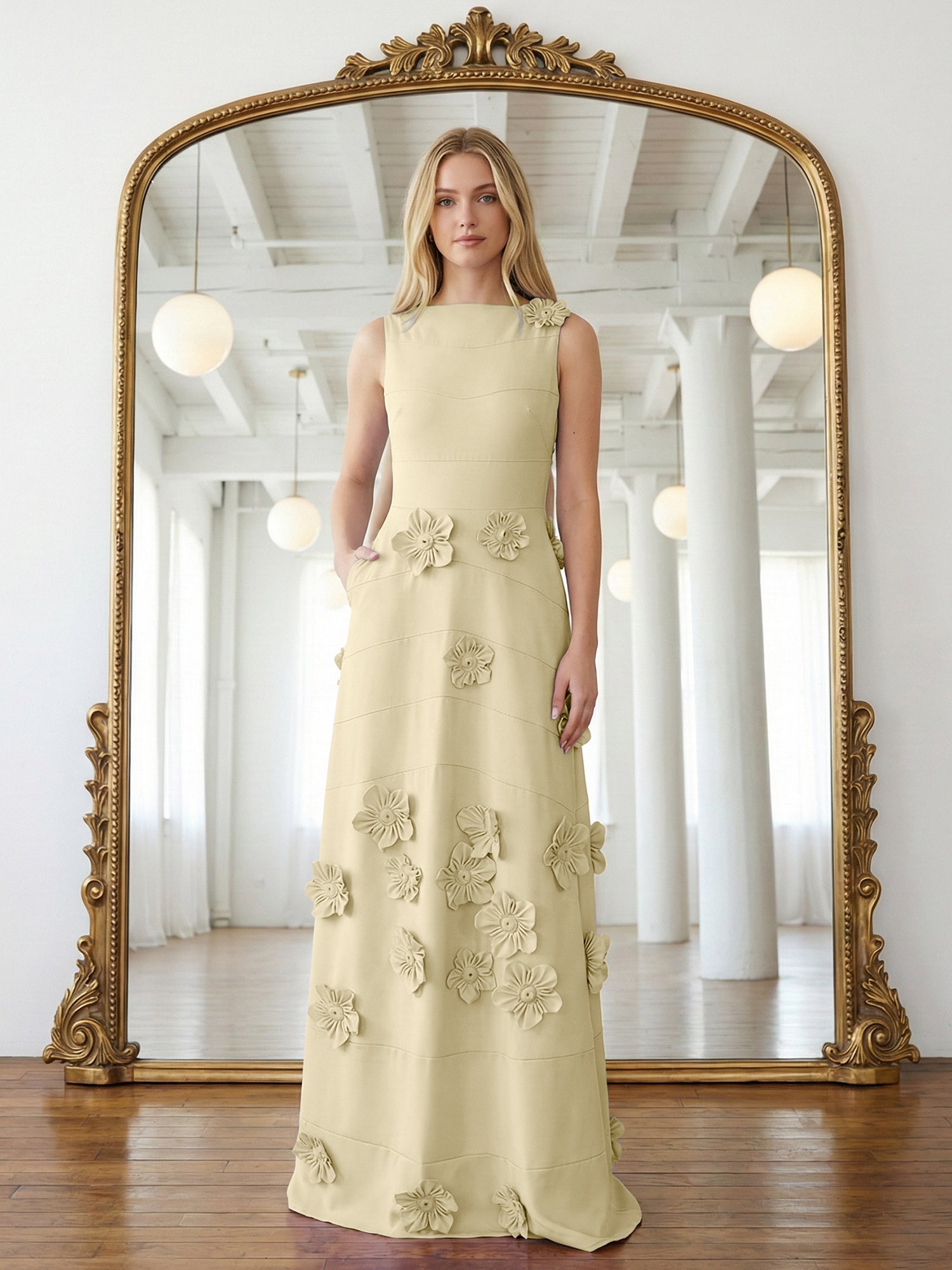 Lavendelfarbenes formelles Kleid mit U-Boot-Ausschnitt und herabfließenden 3D-Blumen