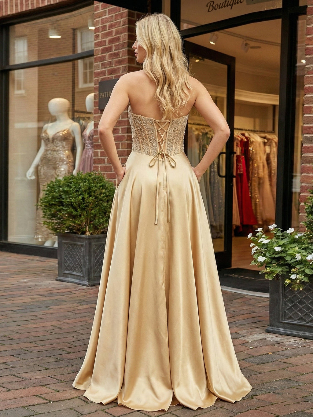 Abito da ballo a linea A in raso color oro champagne senza spalline con corpetto perline