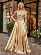 Abito da ballo a linea A in raso color oro champagne senza spalline con corpetto perline