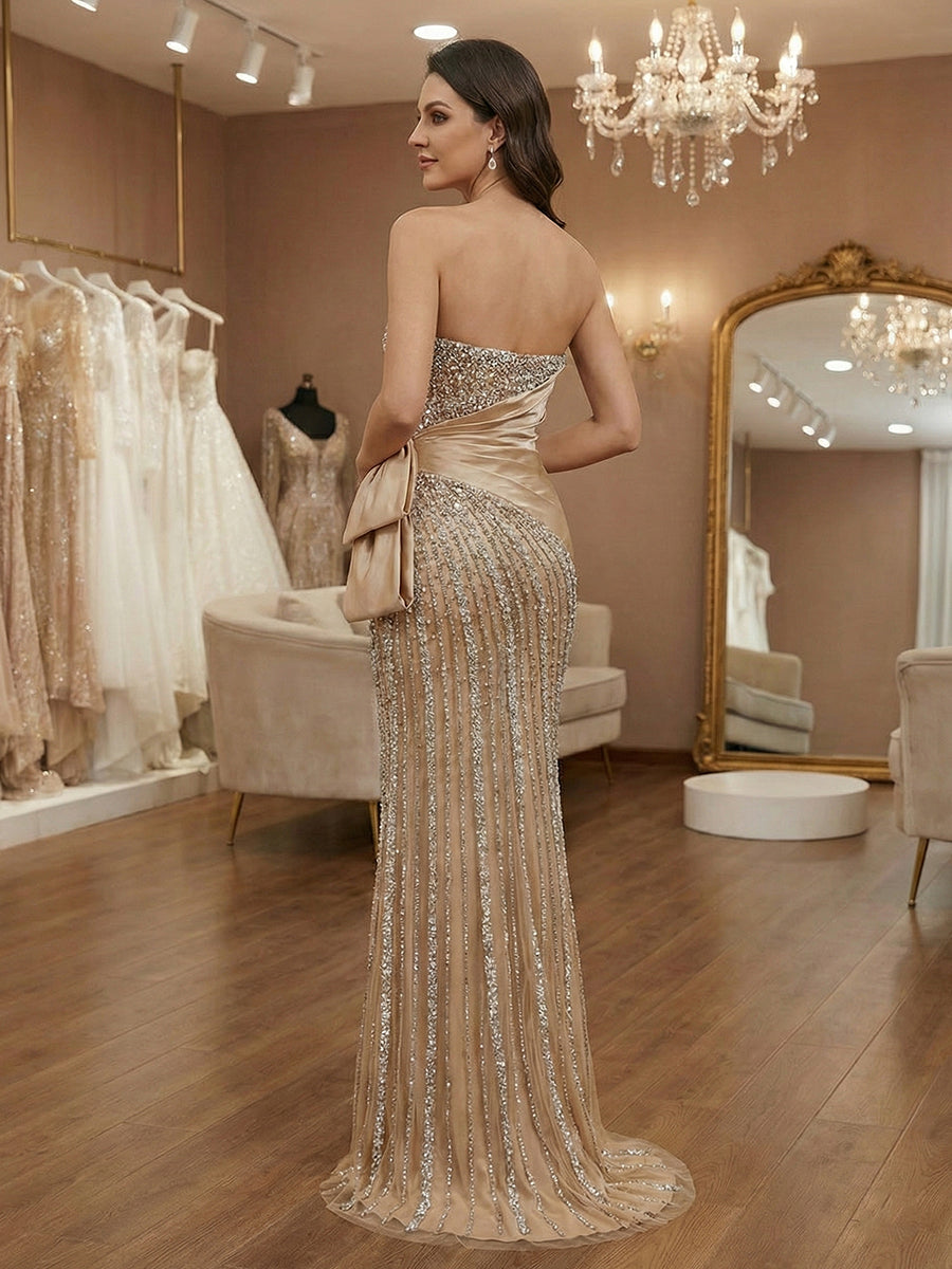 champagne strapless prom dress Strapless Champagne Bubble Skirt Long Prom Dress